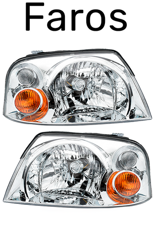 Imagen destacando dos faros de vehículo de AM Autopartes, con lentes claros y sección de indicador naranja, diseñados para proporcionar una visibilidad excelente en la carretera.