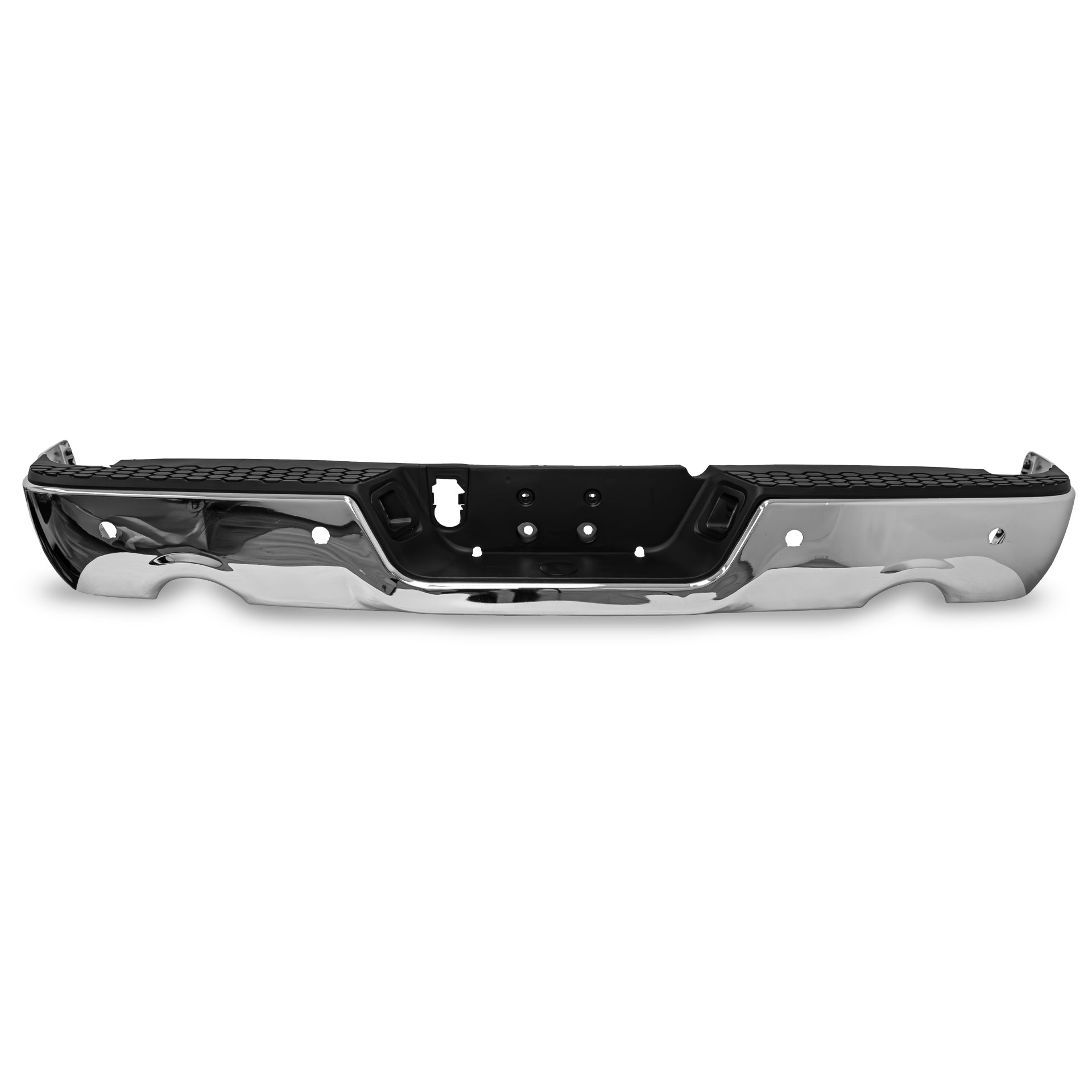 Defensa tras. Ram 09-18 cromo c/hoyo p/sensor para 2/escapes c/luz