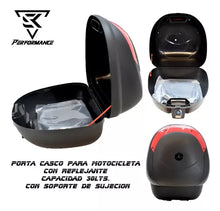 Load image into Gallery viewer, Porta casco para motocicleta de plastico y reflejante capacidad 30lts. con soporte de sujecion.