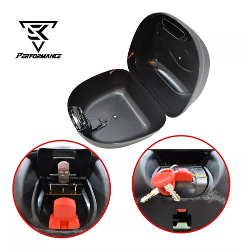 Porta casco para motocicleta de plastico y reflejante capacidad 30lts. con soporte de sujecion.