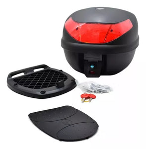 Porta casco para motocicleta de plastico y reflejante capacidad 30lts. con soporte de sujecion.