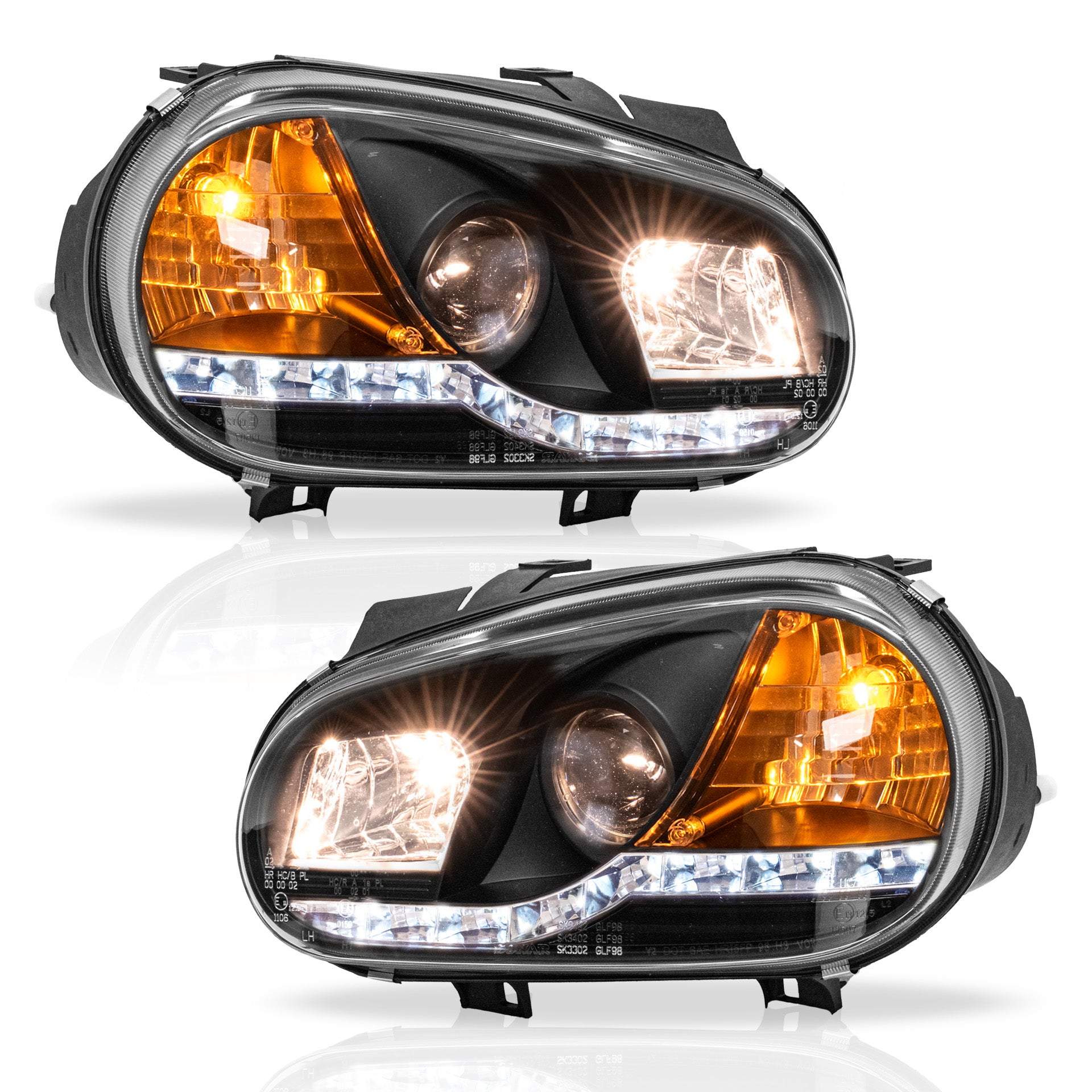 Faros Golf  00-05 c/lupa tira de Led